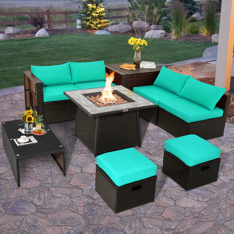 Costway - 9 Pieces Patio PE Wicker Sectional Set with 50000 BTU Fire Pit Table-Turquoise