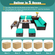 Costway - 9 Pieces Patio PE Wicker Sectional Set with 50000 BTU Fire Pit Table-Turquoise