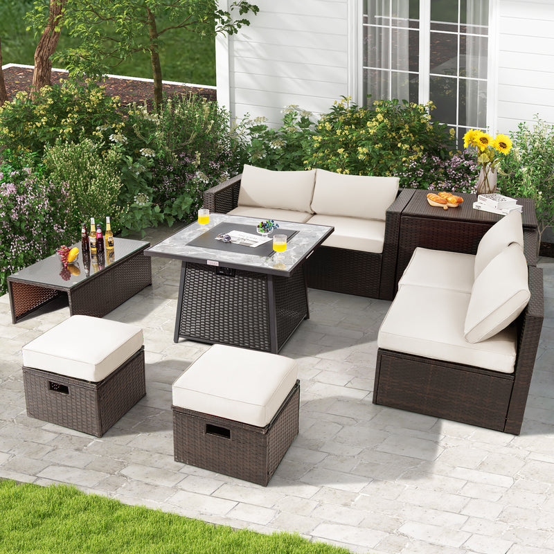 Costway - 9 Pieces Patio PE Wicker Sectional Set with 50000 BTU Fire Pit Table-Off White