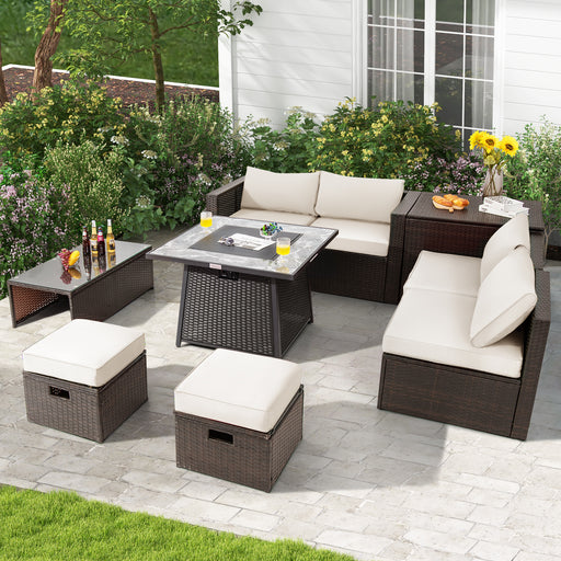 Costway - 9 Pieces Patio PE Wicker Sectional Set with 50000 BTU Fire Pit Table-Off White
