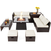 Costway - 9 Pieces Patio PE Wicker Sectional Set with 50000 BTU Fire Pit Table-Off White