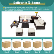 Costway - 9 Pieces Patio PE Wicker Sectional Set with 50000 BTU Fire Pit Table-Off White