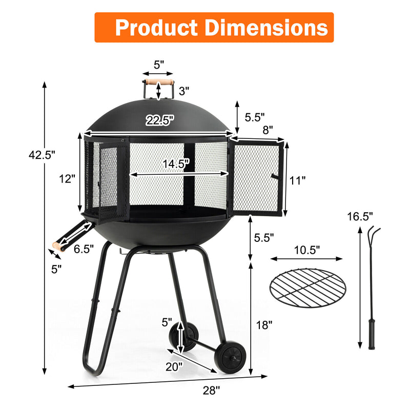 Costway - 28 Inch Portable Fire Pit on Wheels with Log Grate-Black