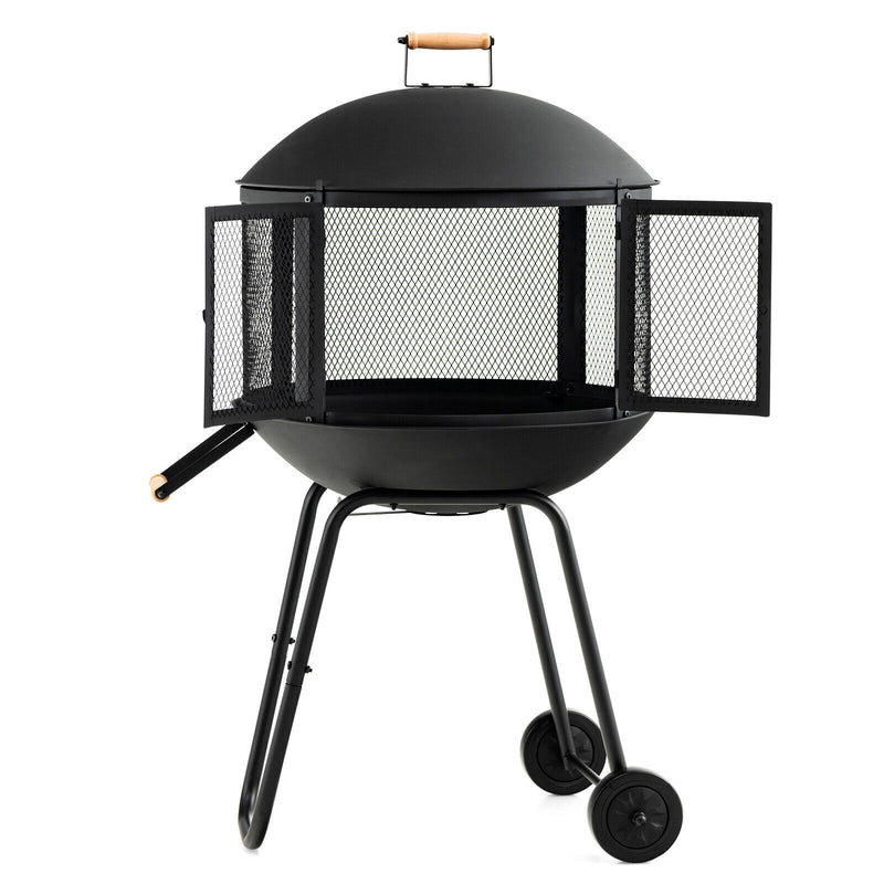 Costway - 28 Inch Portable Fire Pit on Wheels with Log Grate-Black