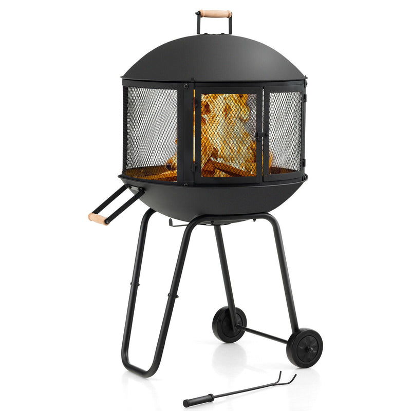 Costway - 28 Inch Portable Fire Pit on Wheels with Log Grate-Black