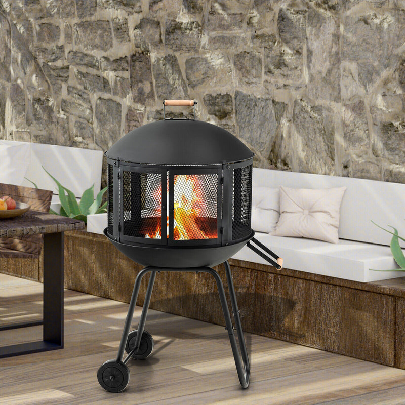 Costway - 28 Inch Portable Fire Pit on Wheels with Log Grate-Black
