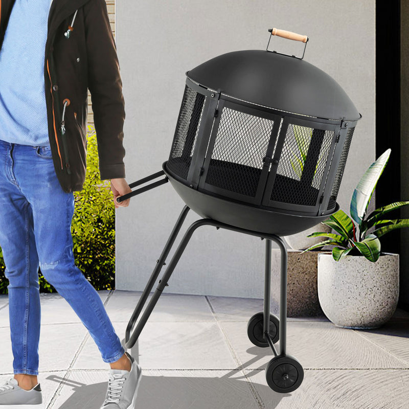 Costway - 28 Inch Portable Fire Pit on Wheels with Log Grate-Black