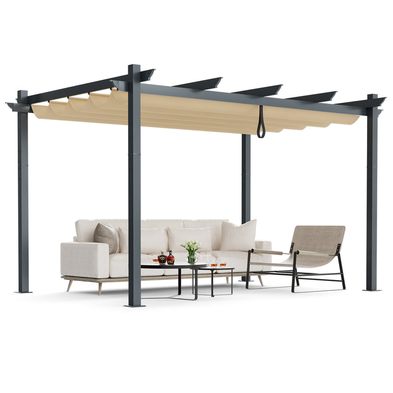 Costway - 10 x 13 Feet Outdoor Aluminum Retractable Pergola Canopy Shelter-Beige