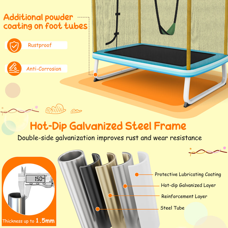 Costway - 6 Feet Rectangle Trampoline with Swing Horizontal Bar and Safety Net-Yellow