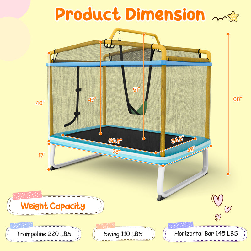 Costway - 6 Feet Rectangle Trampoline with Swing Horizontal Bar and Safety Net-Yellow