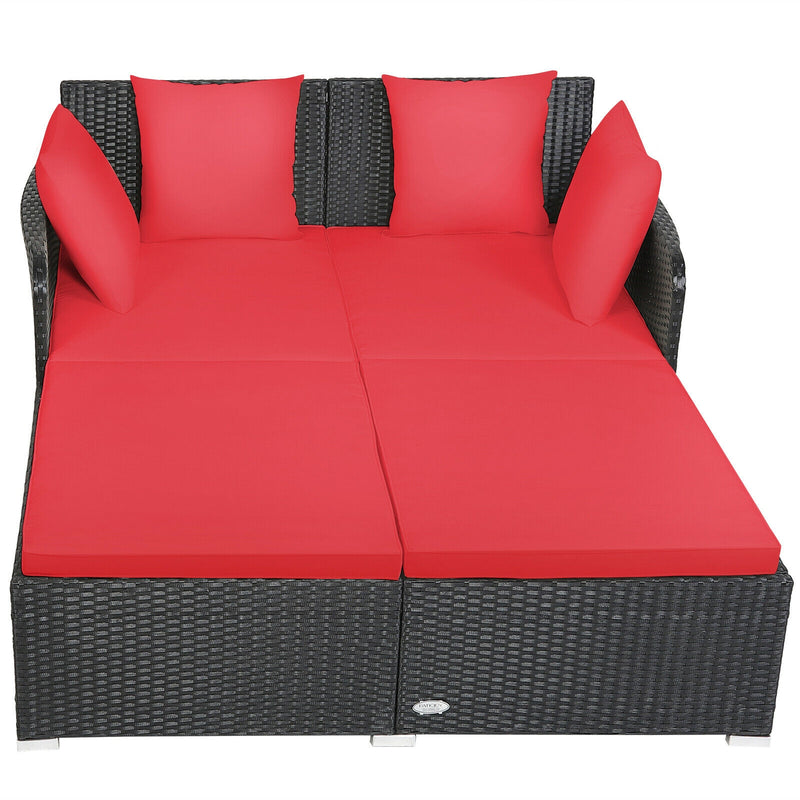 Costway - Spacious Outdoor Rattan Daybed with Upholstered Cushions and Pillows-Red