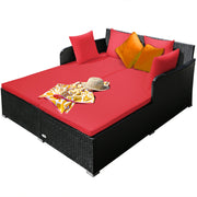Costway - Spacious Outdoor Rattan Daybed with Upholstered Cushions and Pillows-Red
