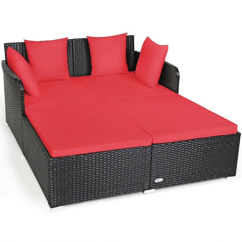 Costway - Spacious Outdoor Rattan Daybed with Upholstered Cushions and Pillows-Red
