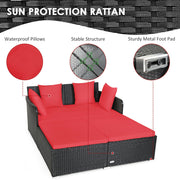 Costway - Spacious Outdoor Rattan Daybed with Upholstered Cushions and Pillows-Red