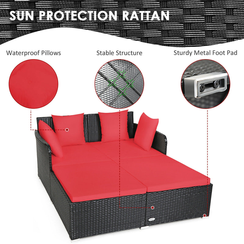 Costway - Spacious Outdoor Rattan Daybed with Upholstered Cushions and Pillows-Red