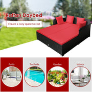Costway - Spacious Outdoor Rattan Daybed with Upholstered Cushions and Pillows-Red