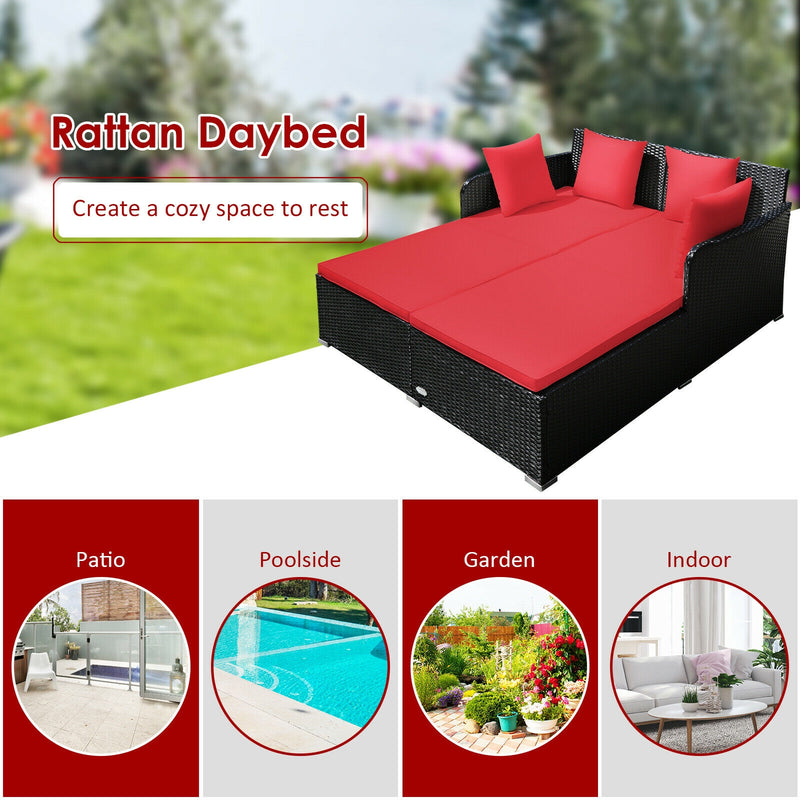 Costway - Spacious Outdoor Rattan Daybed with Upholstered Cushions and Pillows-Red