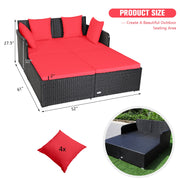 Costway - Spacious Outdoor Rattan Daybed with Upholstered Cushions and Pillows-Red