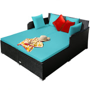 Costway - Spacious Outdoor Rattan Daybed with Upholstered Cushions and Pillows-Turquoise