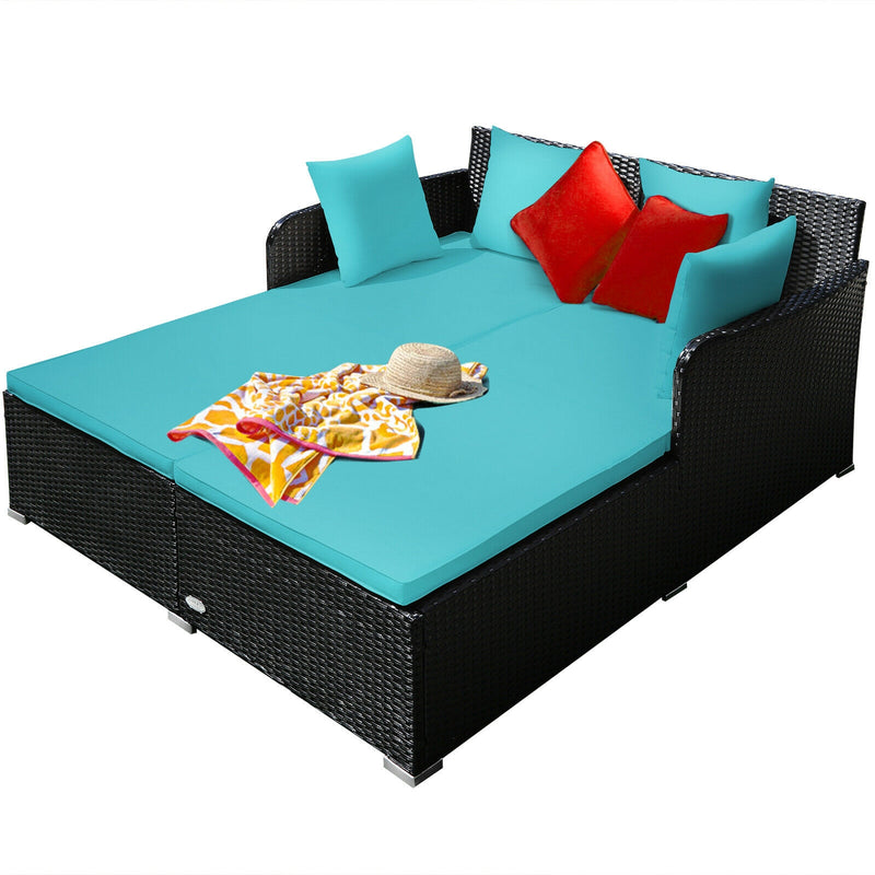 Costway - Spacious Outdoor Rattan Daybed with Upholstered Cushions and Pillows-Turquoise