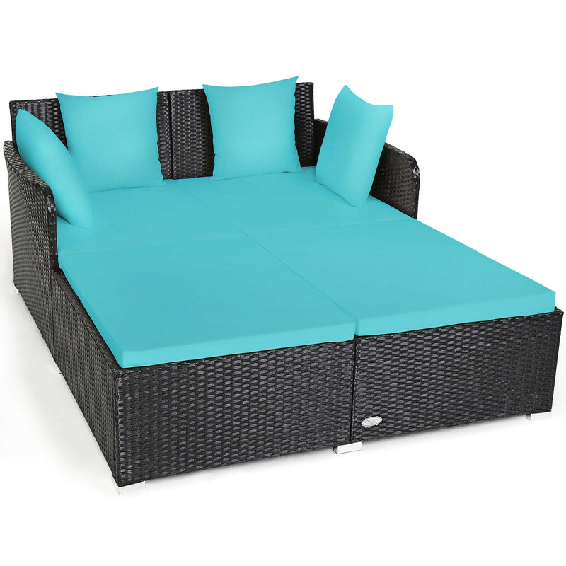 Costway - Spacious Outdoor Rattan Daybed with Upholstered Cushions and Pillows-Turquoise