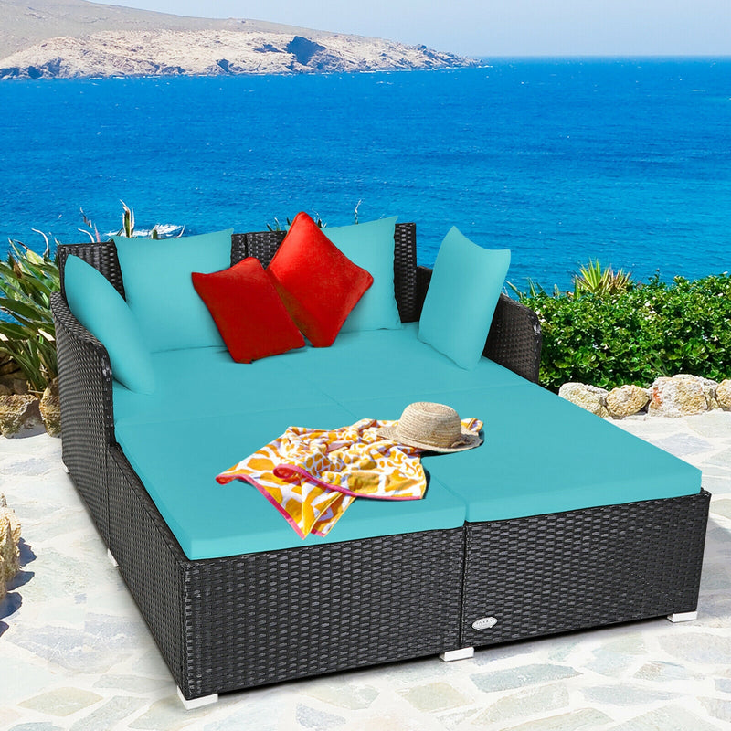 Costway - Spacious Outdoor Rattan Daybed with Upholstered Cushions and Pillows-Turquoise