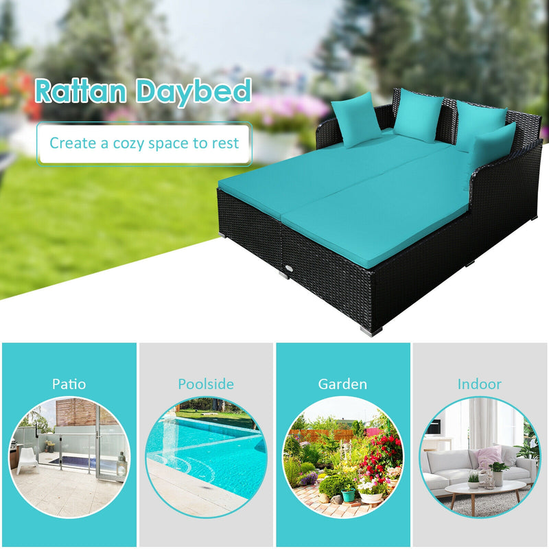 Costway - Spacious Outdoor Rattan Daybed with Upholstered Cushions and Pillows-Turquoise