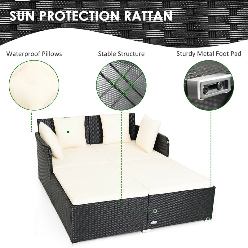 Costway - Spacious Outdoor Rattan Daybed with Upholstered Cushions and Pillows-White
