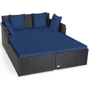Costway - Spacious Outdoor Rattan Daybed with Upholstered Cushions and Pillows-Navy