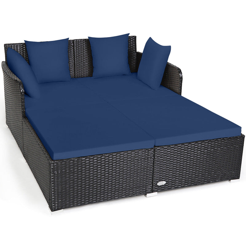 Costway - Spacious Outdoor Rattan Daybed with Upholstered Cushions and Pillows-Navy