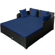 Costway - Spacious Outdoor Rattan Daybed with Upholstered Cushions and Pillows-Navy
