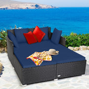Costway - Spacious Outdoor Rattan Daybed with Upholstered Cushions and Pillows-Navy