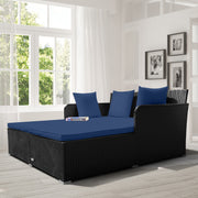 Costway - Spacious Outdoor Rattan Daybed with Upholstered Cushions and Pillows-Navy