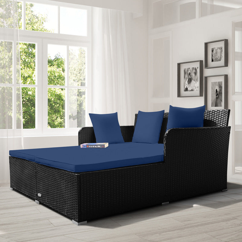 Costway - Spacious Outdoor Rattan Daybed with Upholstered Cushions and Pillows-Navy
