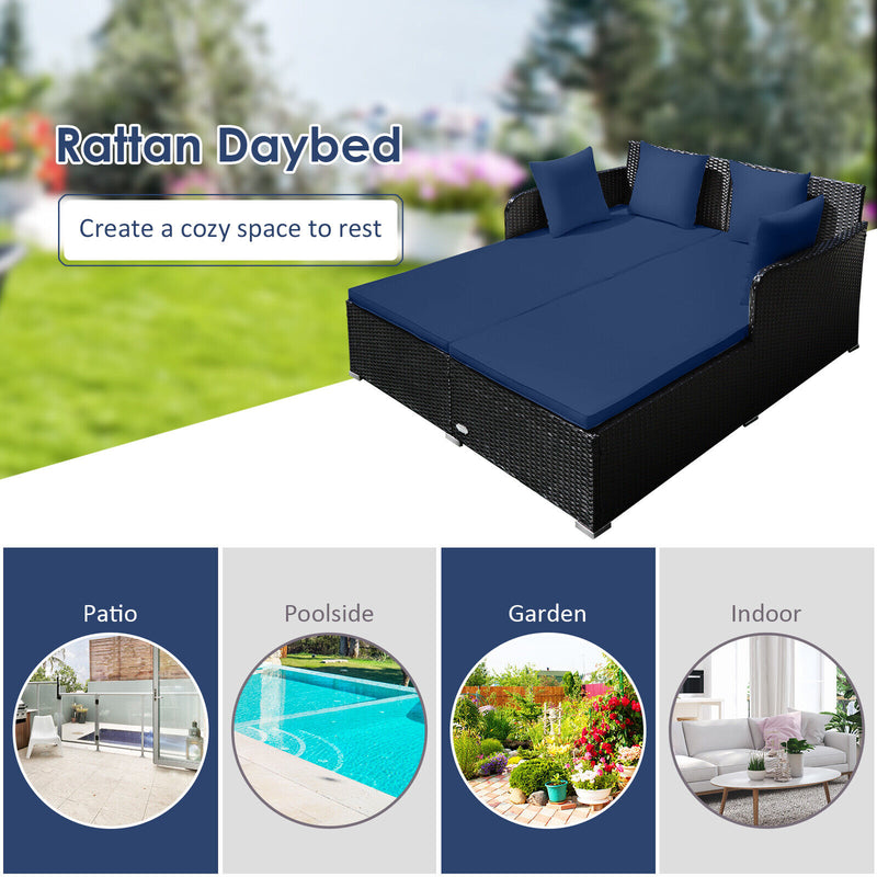 Costway - Spacious Outdoor Rattan Daybed with Upholstered Cushions and Pillows-Navy