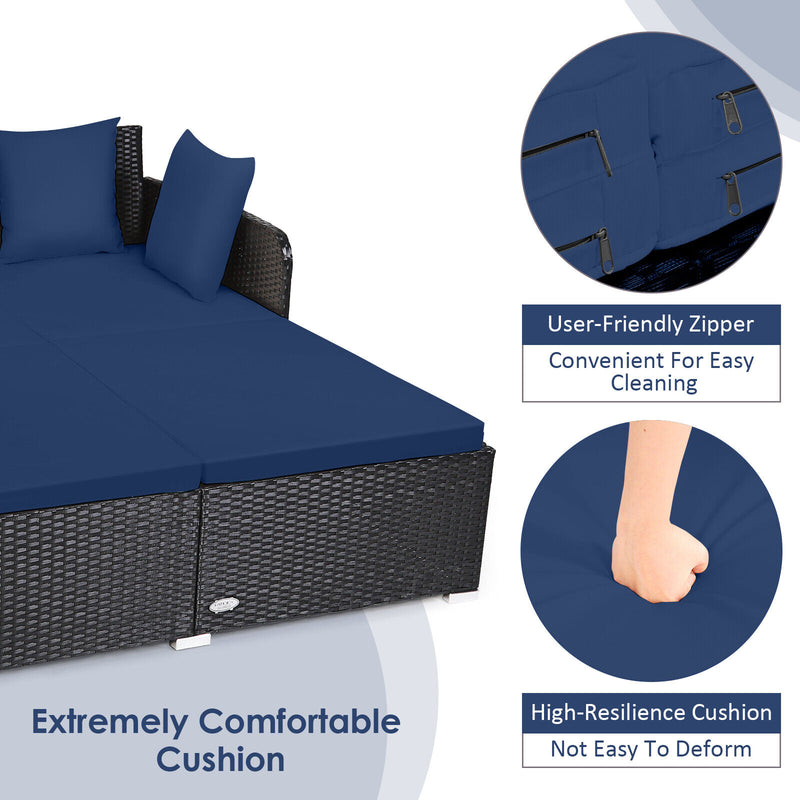 Costway - Spacious Outdoor Rattan Daybed with Upholstered Cushions and Pillows-Navy