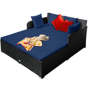 Costway - Spacious Outdoor Rattan Daybed with Upholstered Cushions and Pillows-Navy