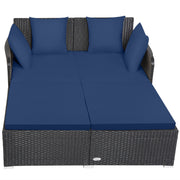 Costway - Spacious Outdoor Rattan Daybed with Upholstered Cushions and Pillows-Navy