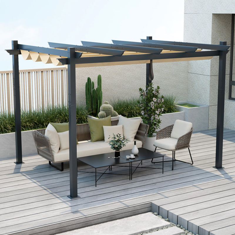 Costway - 10 x 12 Feet Outdoor Aluminum Retractable Pergola Canopy Shelter Grape Trellis-Beige