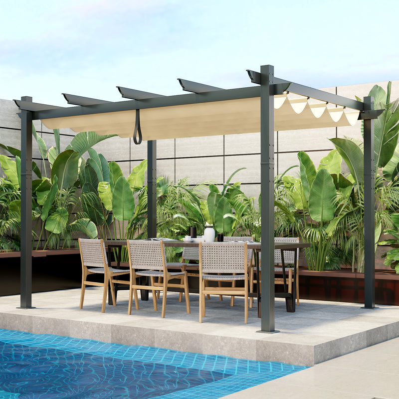 Costway - 10 x 12 Feet Outdoor Aluminum Retractable Pergola Canopy Shelter Grape Trellis-Beige