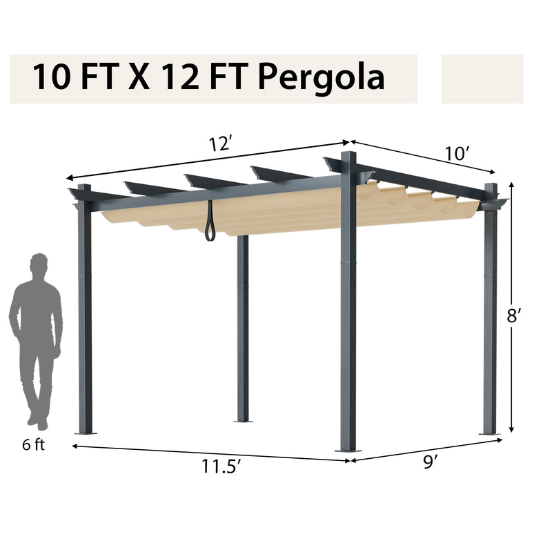 Costway - 10 x 12 Feet Outdoor Aluminum Retractable Pergola Canopy Shelter Grape Trellis-Beige