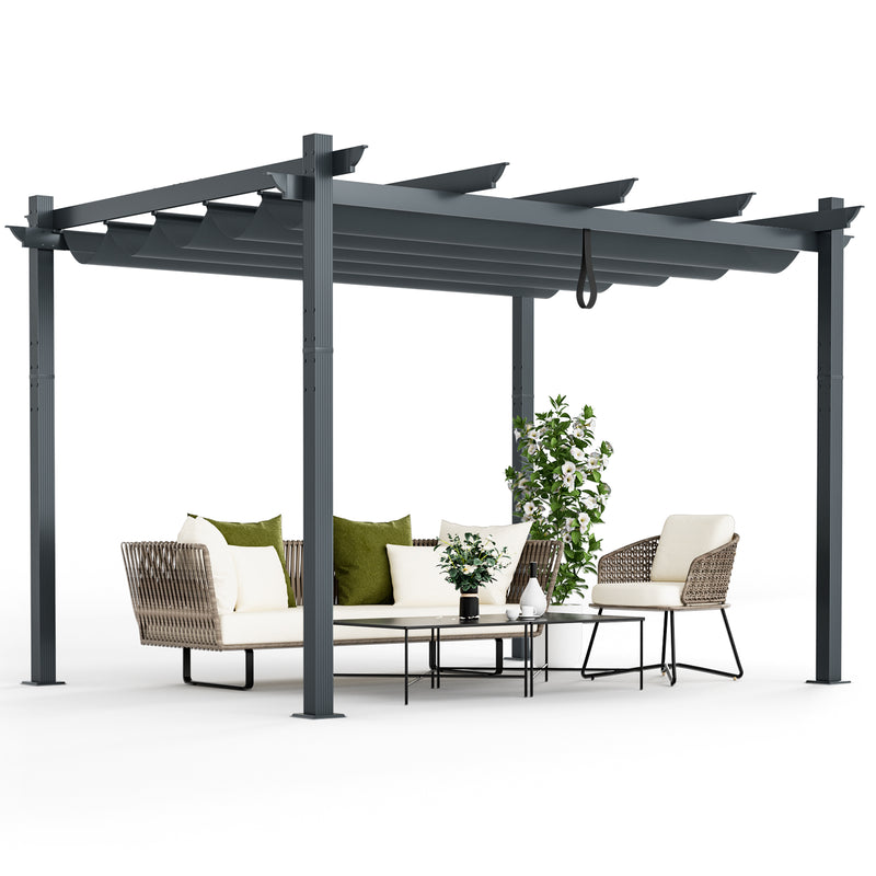 Costway - 10 x 12 Feet Outdoor Aluminum Retractable Pergola Canopy Shelter Grape Trellis-Gray