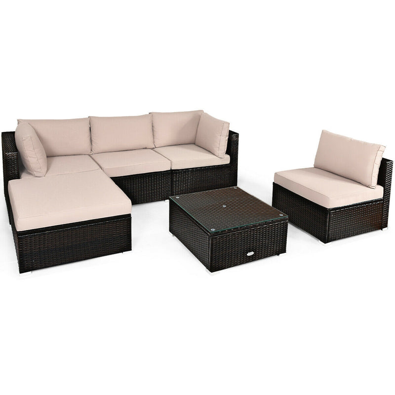 Costway - 6 Pieces Outdoor Patio Rattan Furniture Set Sofa Ottoman-Coffee