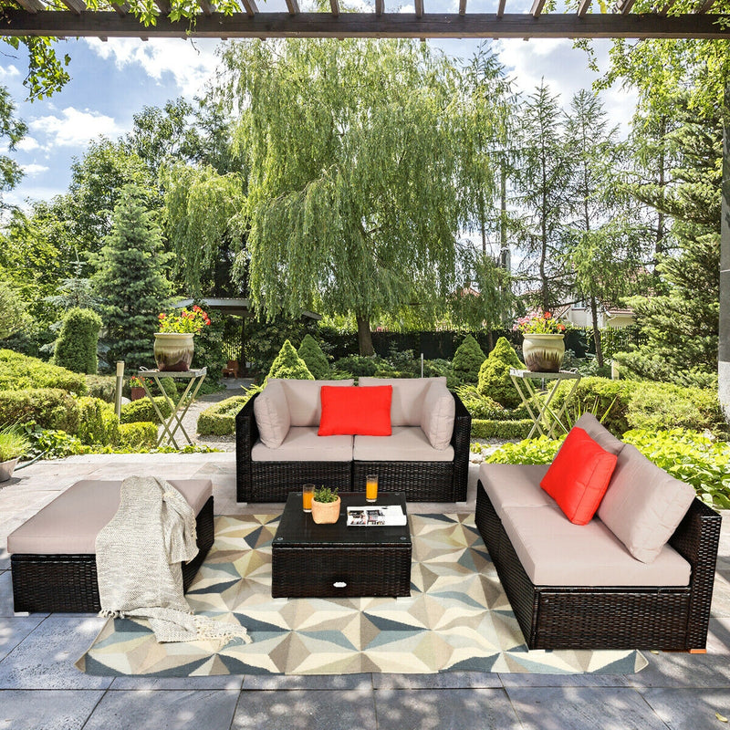 Costway - 6 Pieces Outdoor Patio Rattan Furniture Set Sofa Ottoman-Coffee