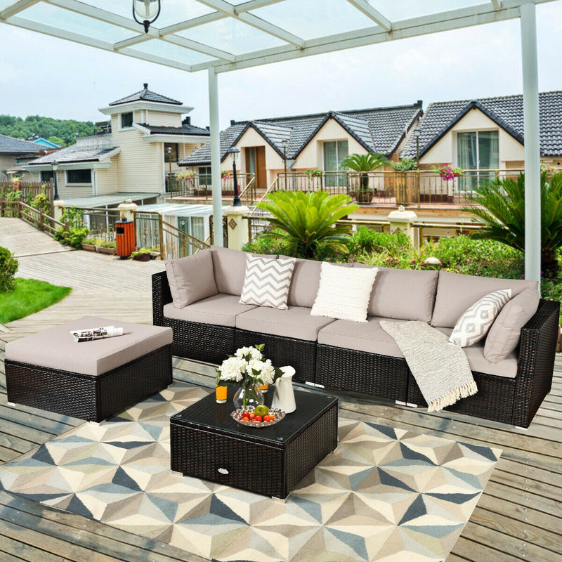 Costway - 6 Pieces Outdoor Patio Rattan Furniture Set Sofa Ottoman-Coffee