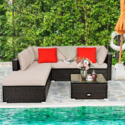 Costway - 6 Pieces Outdoor Patio Rattan Furniture Set Sofa Ottoman-Coffee