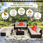 Costway - 6 Pieces Outdoor Patio Rattan Furniture Set Sofa Ottoman-Coffee