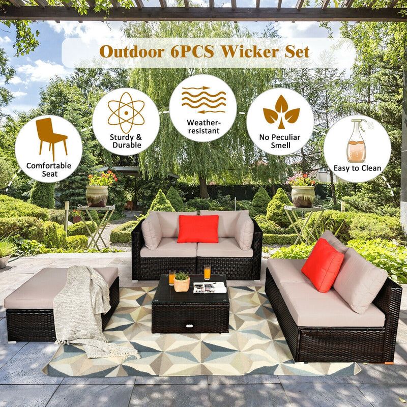 Costway - 6 Pieces Outdoor Patio Rattan Furniture Set Sofa Ottoman-Coffee