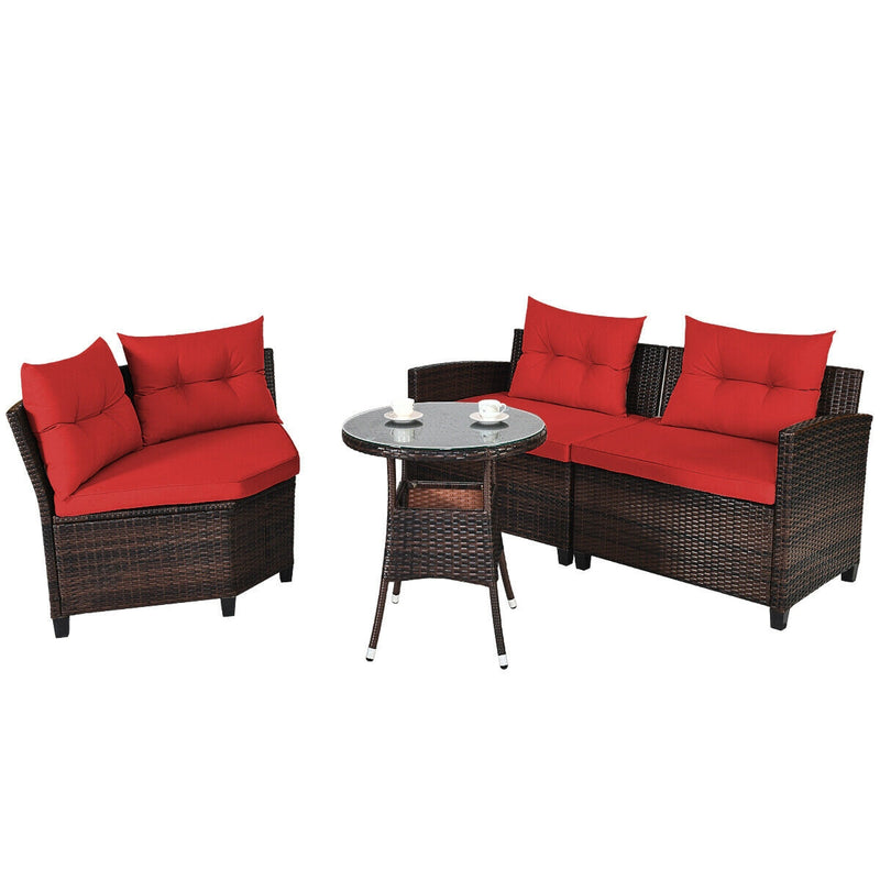 Costway - 4 Pieces Outdoor Cushioned Rattan Furniture Set-Red