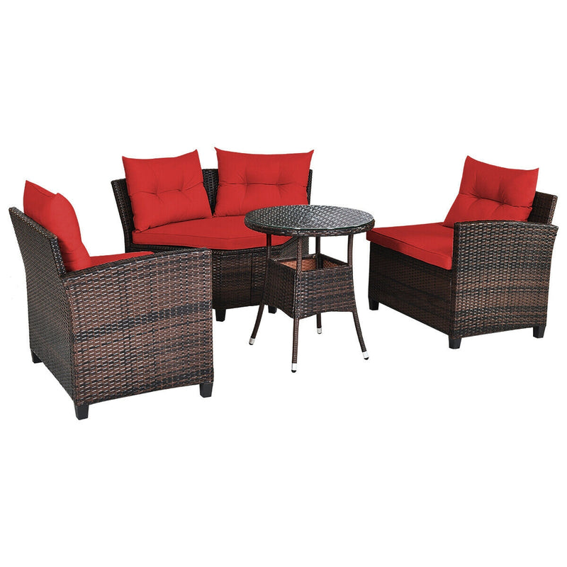 Costway - 4 Pieces Outdoor Cushioned Rattan Furniture Set-Red